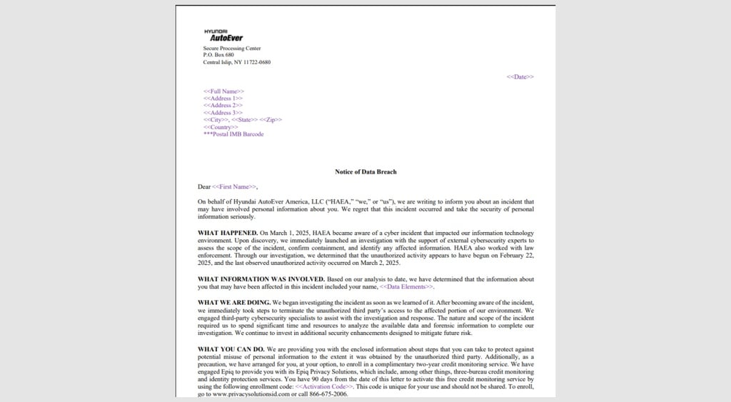 Hyundai AutoEver America data breach letter