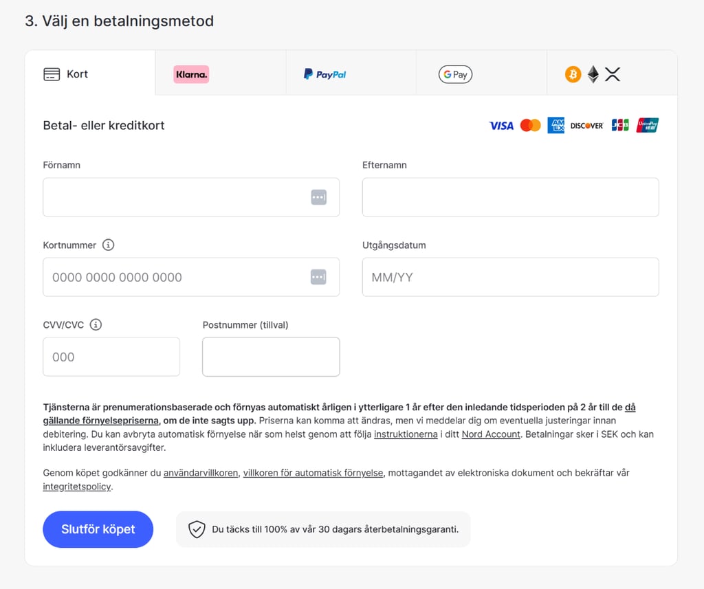NordVPN payment option SV