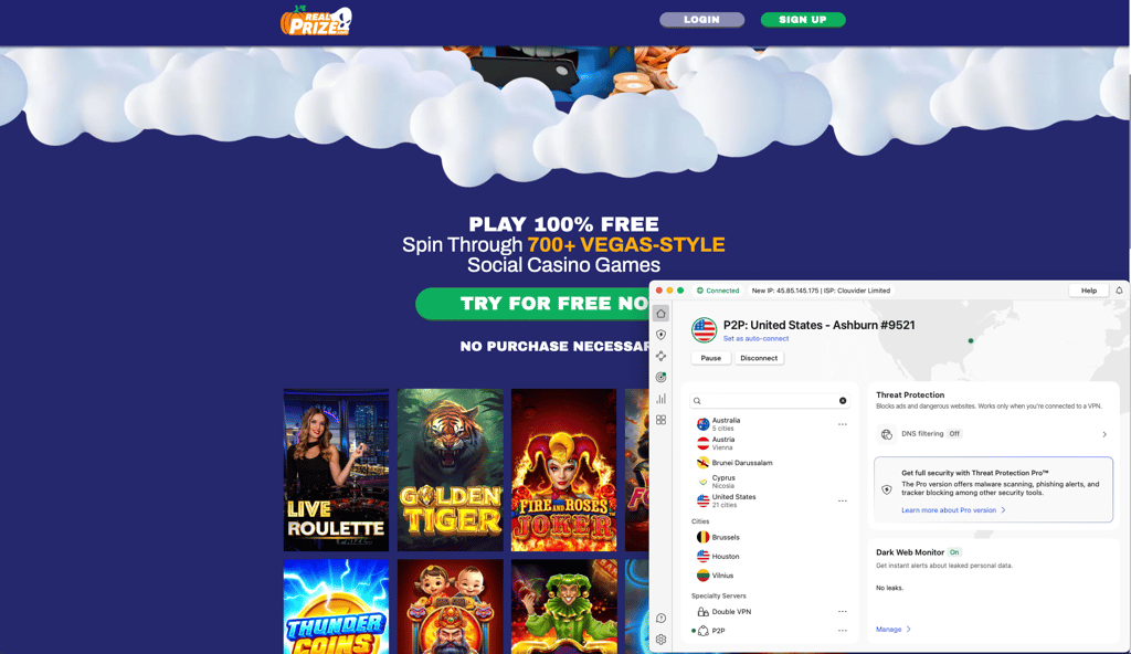 NordVPN reliably unblocks RealPrize using servers in Virginia