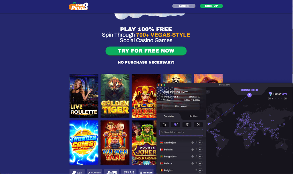 Proton VPN unblocks RealPrize using servers in New Jersey