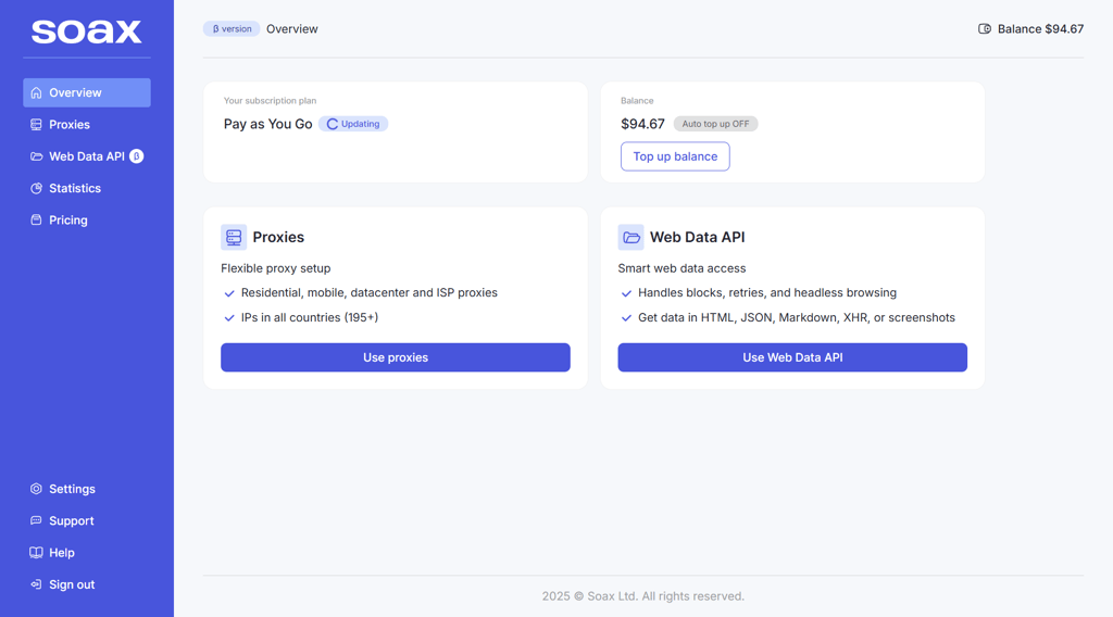 SOAX dashboard interface