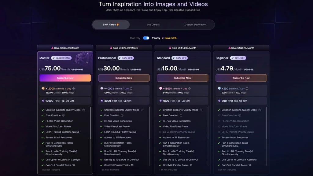 SeaArt AI pricing plans