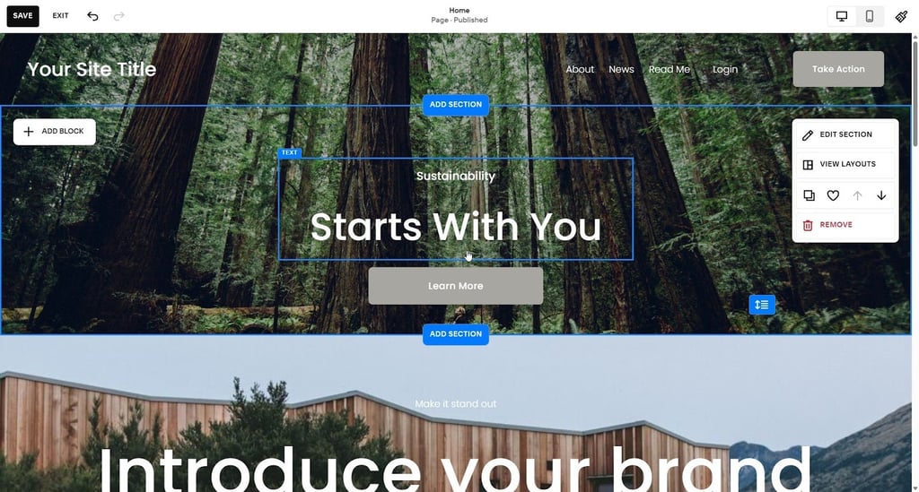 Squarespace website builder UI
