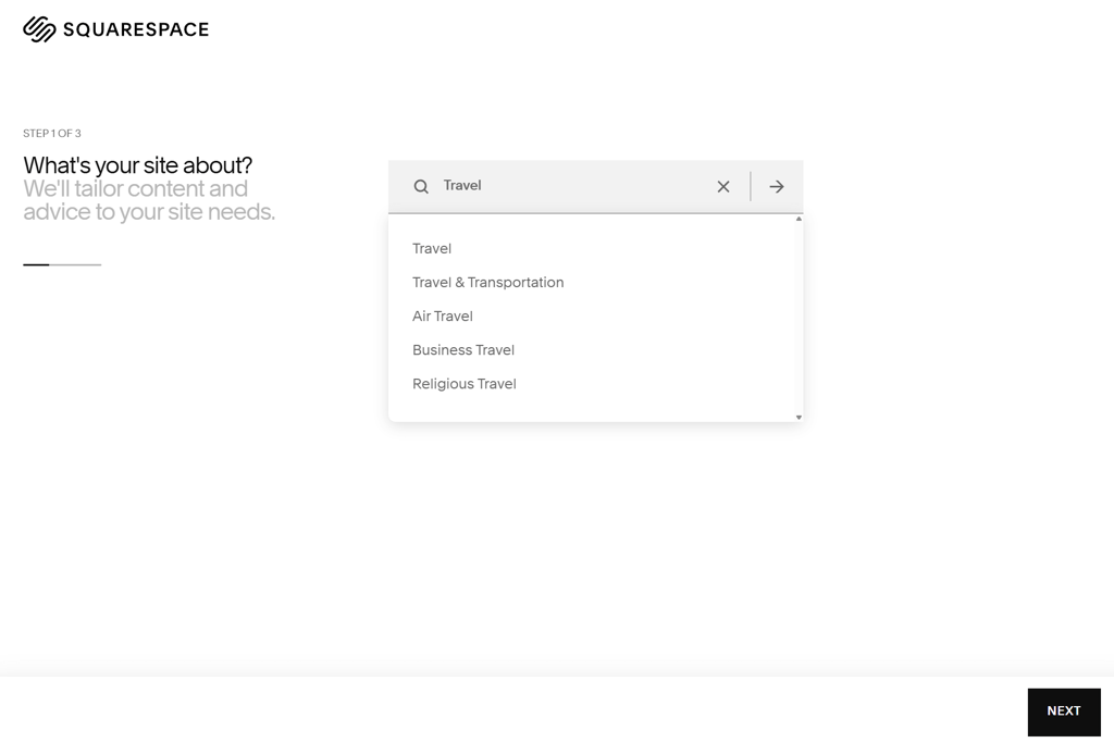 Selecting the website category on Squarespace