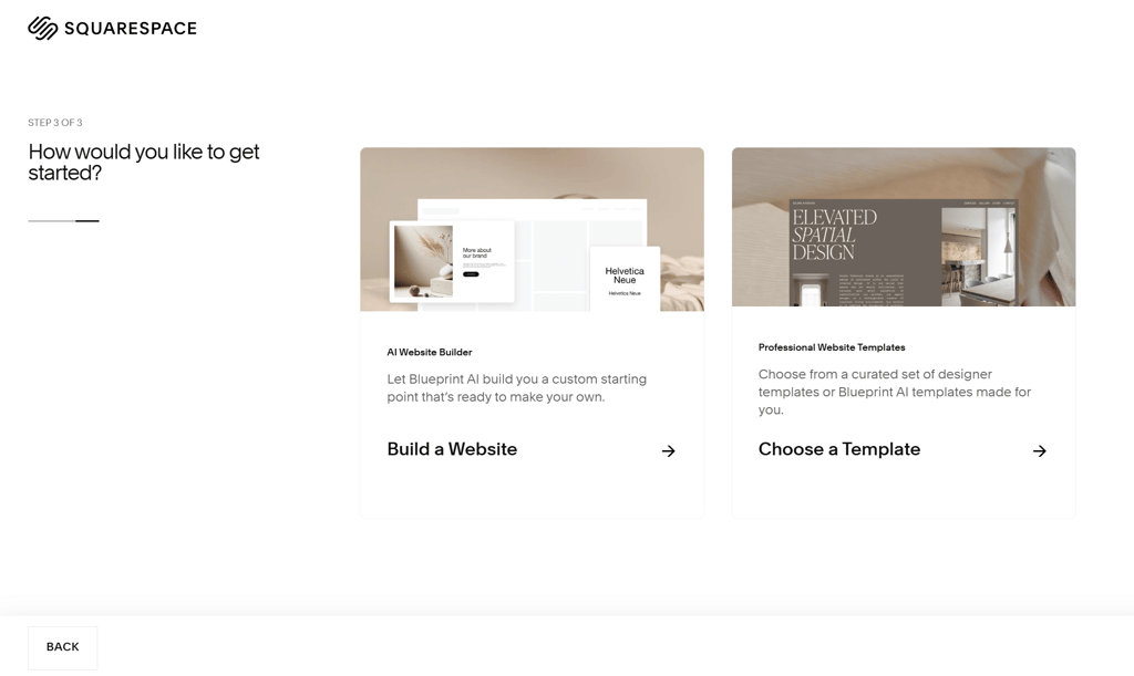 Choosing the website building option on Squarespace