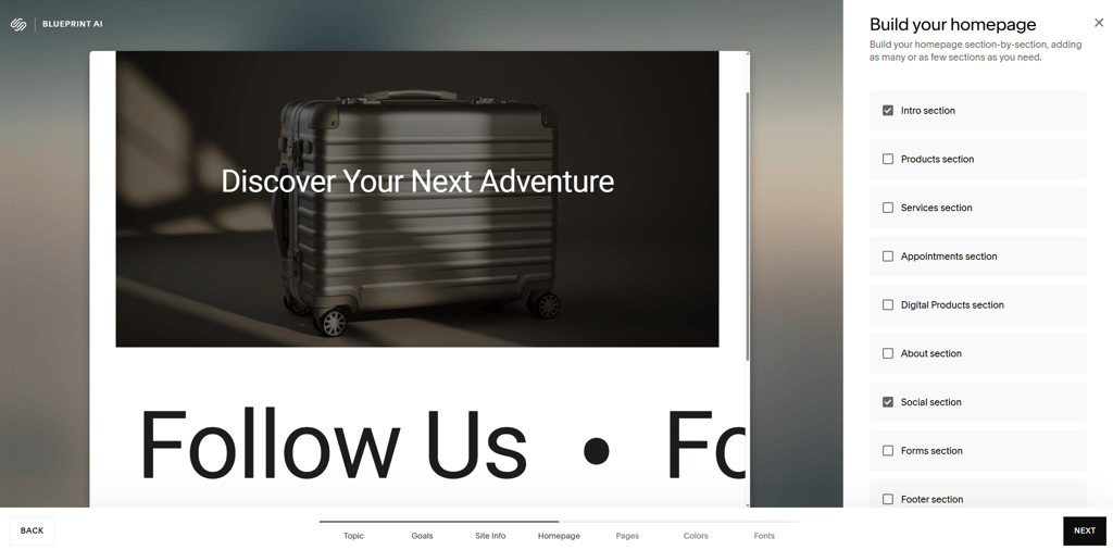 sections on Squarespace