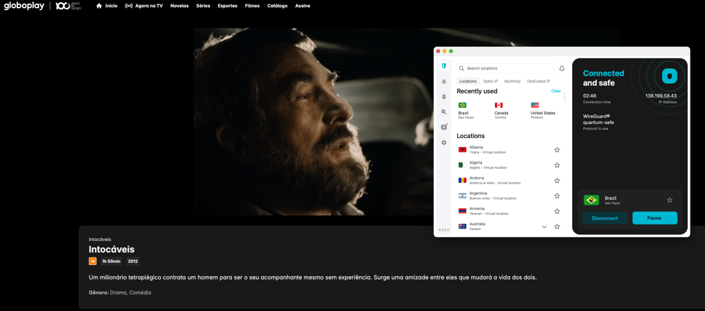 Streaming The Intouchables on Globoplay using Surfshark