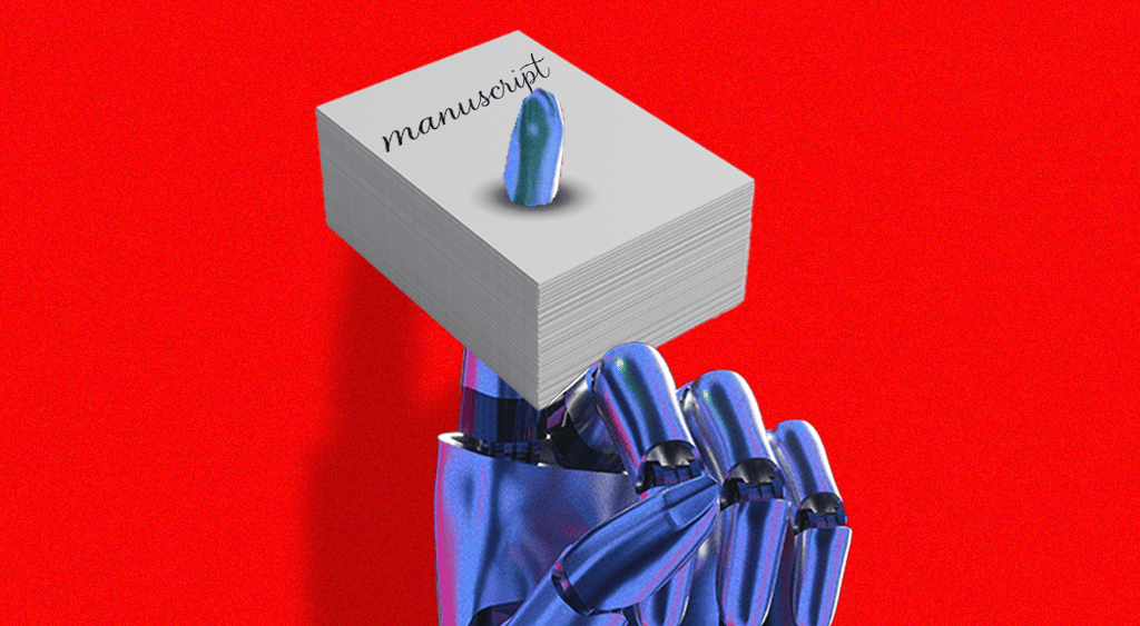 A robot's hand holding a manuscript