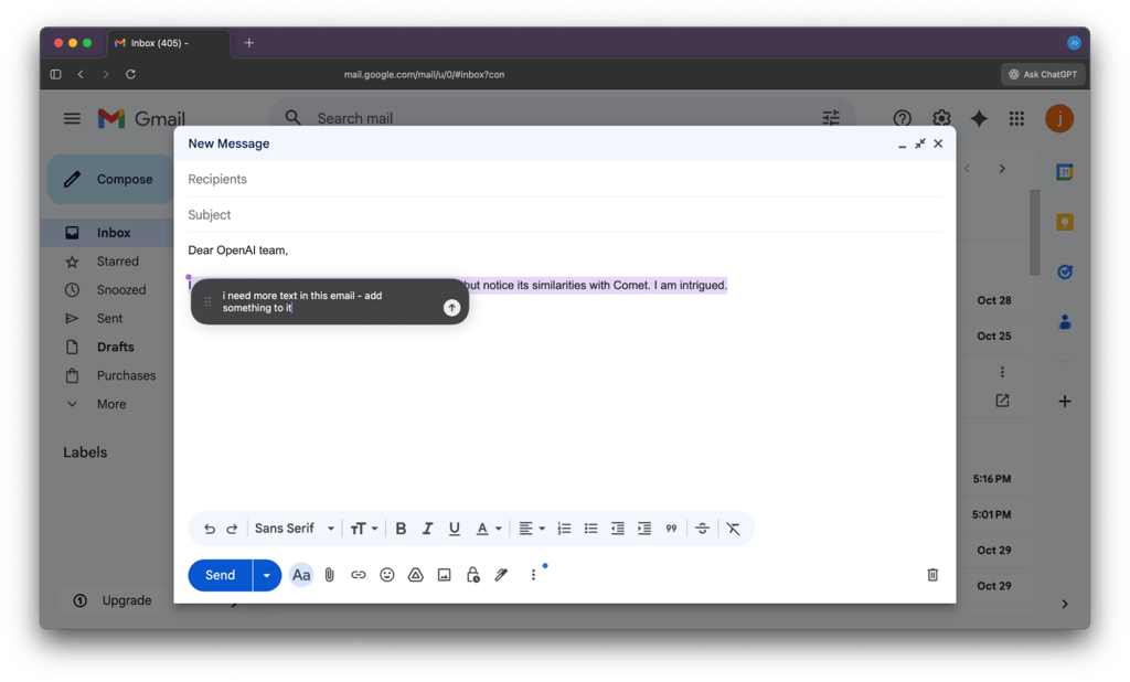 ChatGPT Atlas Cursor help assisting with an email