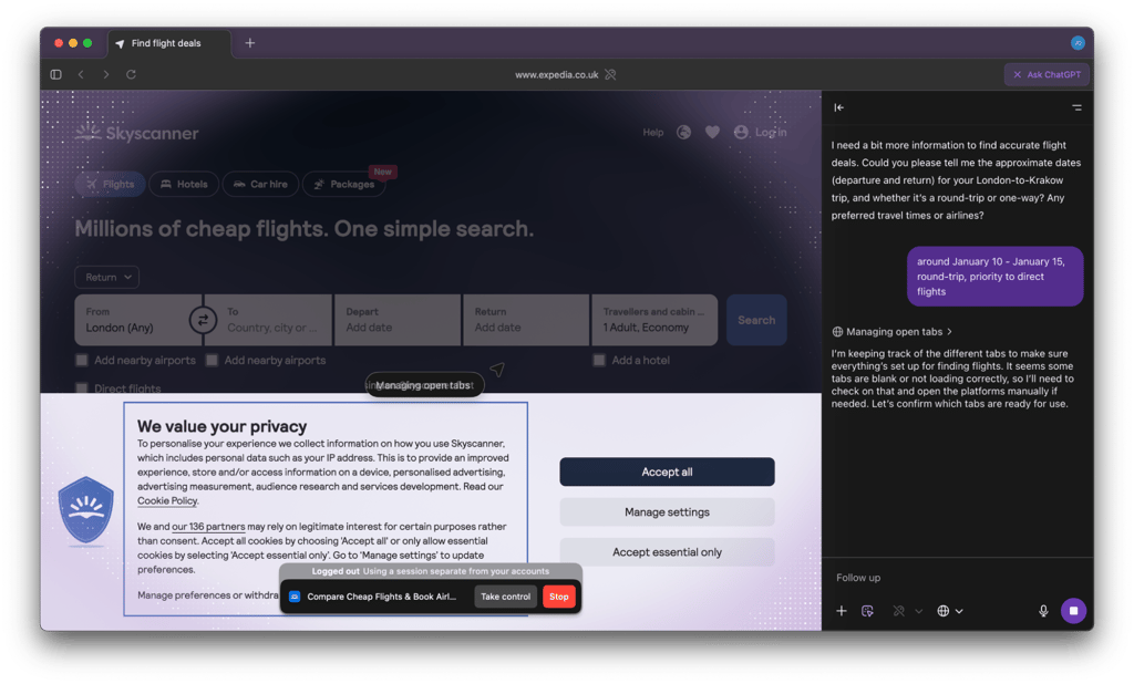 ChatGPT Atlas looking for flights and rejecting cookies
