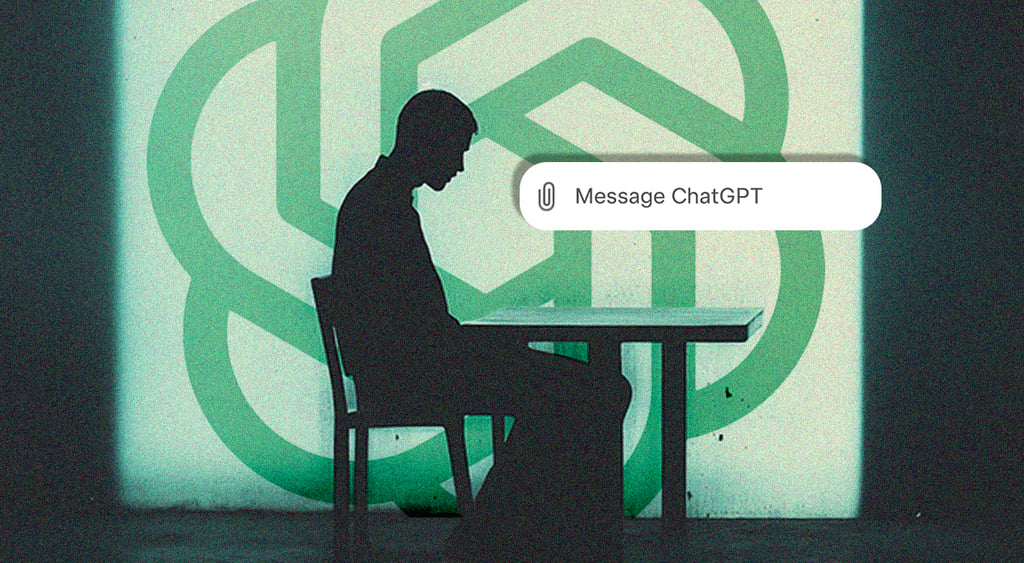 A lonely silhouette about to message ChatGPT with the OpenAI logo in green, in the background.