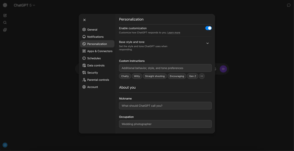 ChatGPT customization options