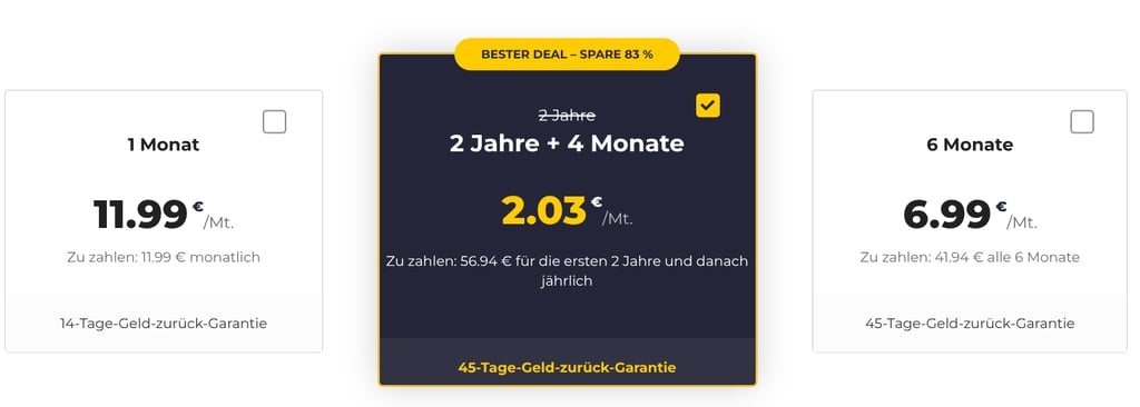Wähle den Tarif mit dem höchsten Black-Friday-Rabatt aus