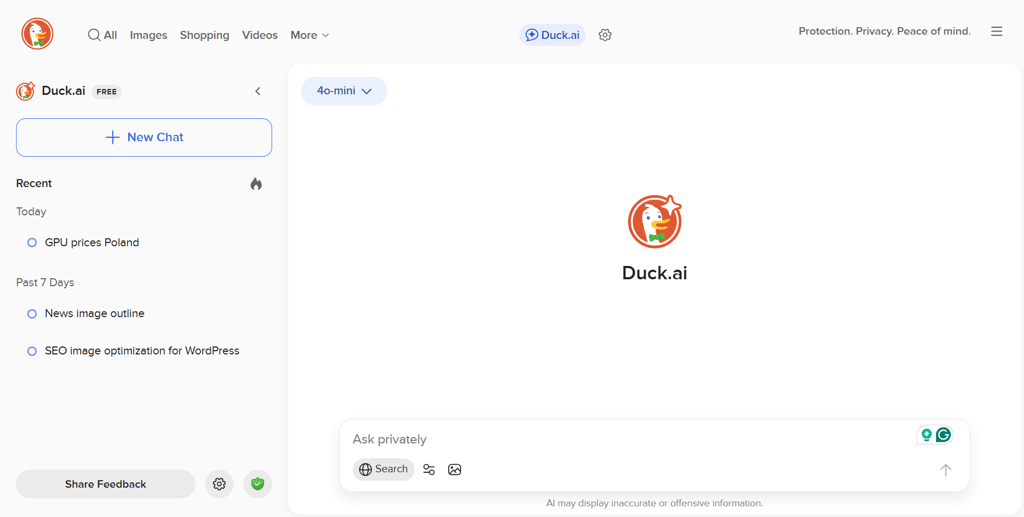 Duckduckgo AI Chat dashboard