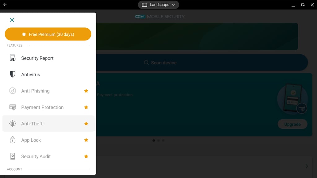 ESET’s features can be found on the right side menu