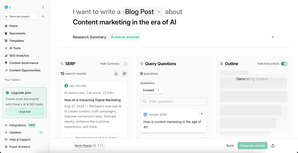 Frase.io researching and generating a blogpost