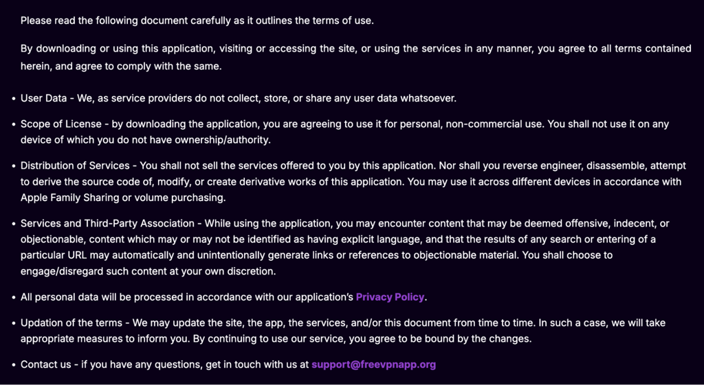 A free VPN’s terms of service