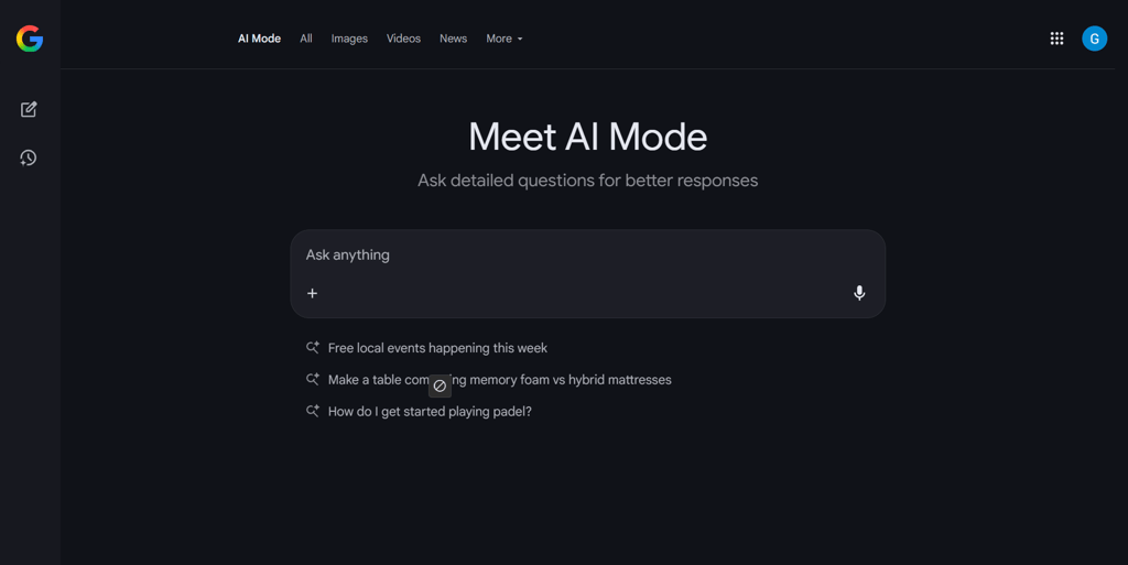 Google AI mode dashboard.