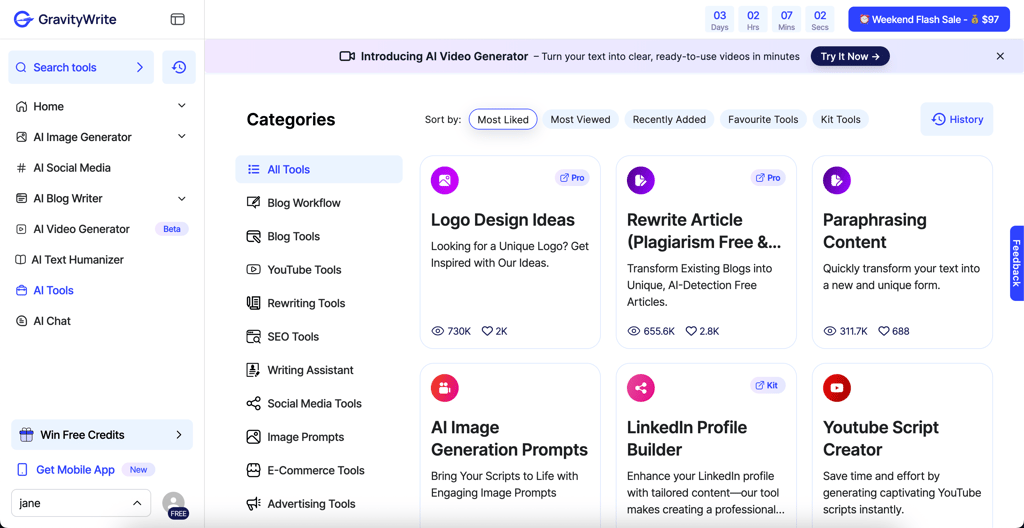 GravityWrite tools and interface