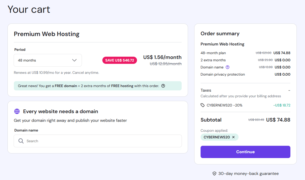 Hostinger checkout with November prices