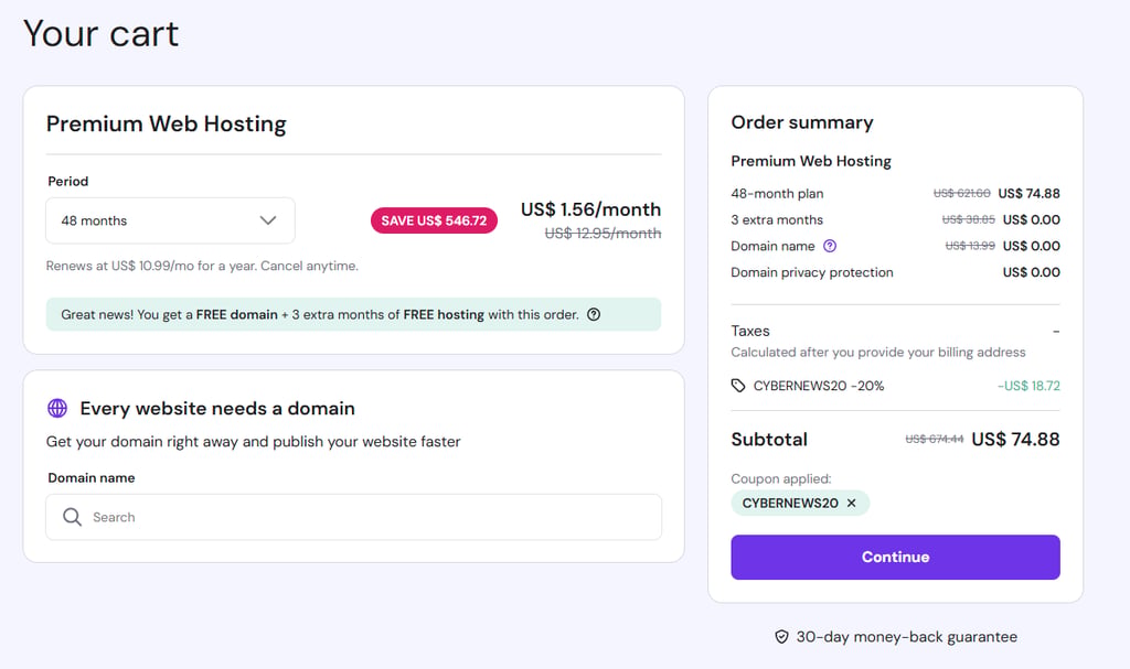 Hostinger hosting plan checkout cart