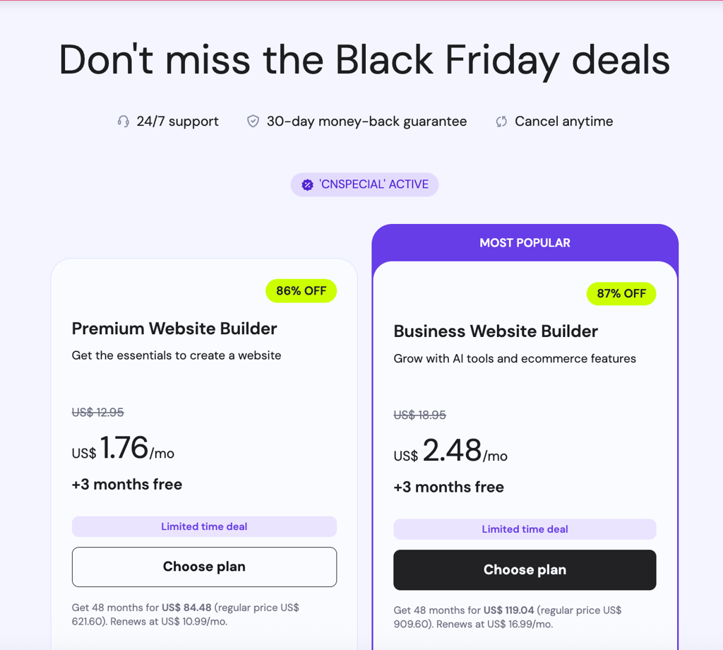 Hostinger Website Builder Black Friday deals 2025