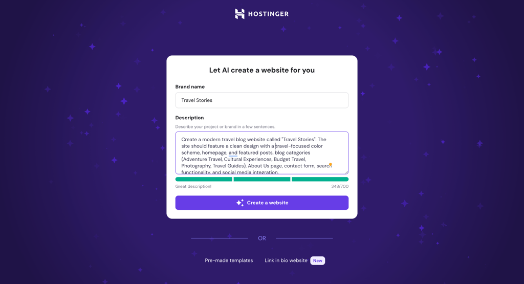 Hostinger AI prompting