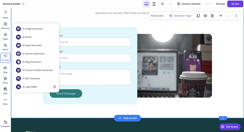 AI tools available in the editor