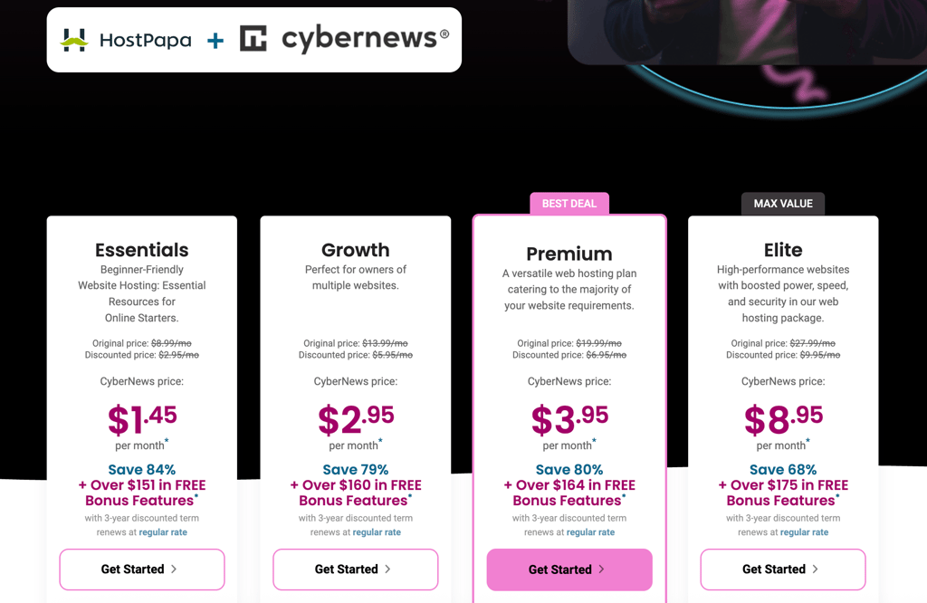 Hostpapa's plans and pricing BF