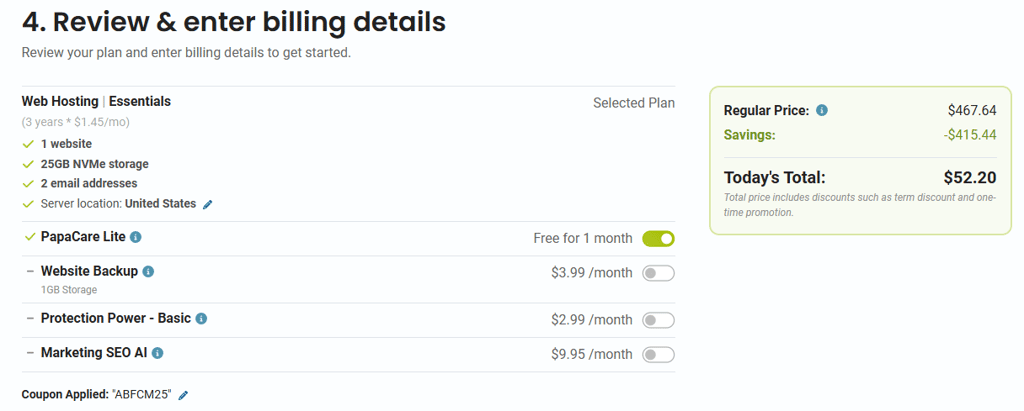 HostPapa billing details