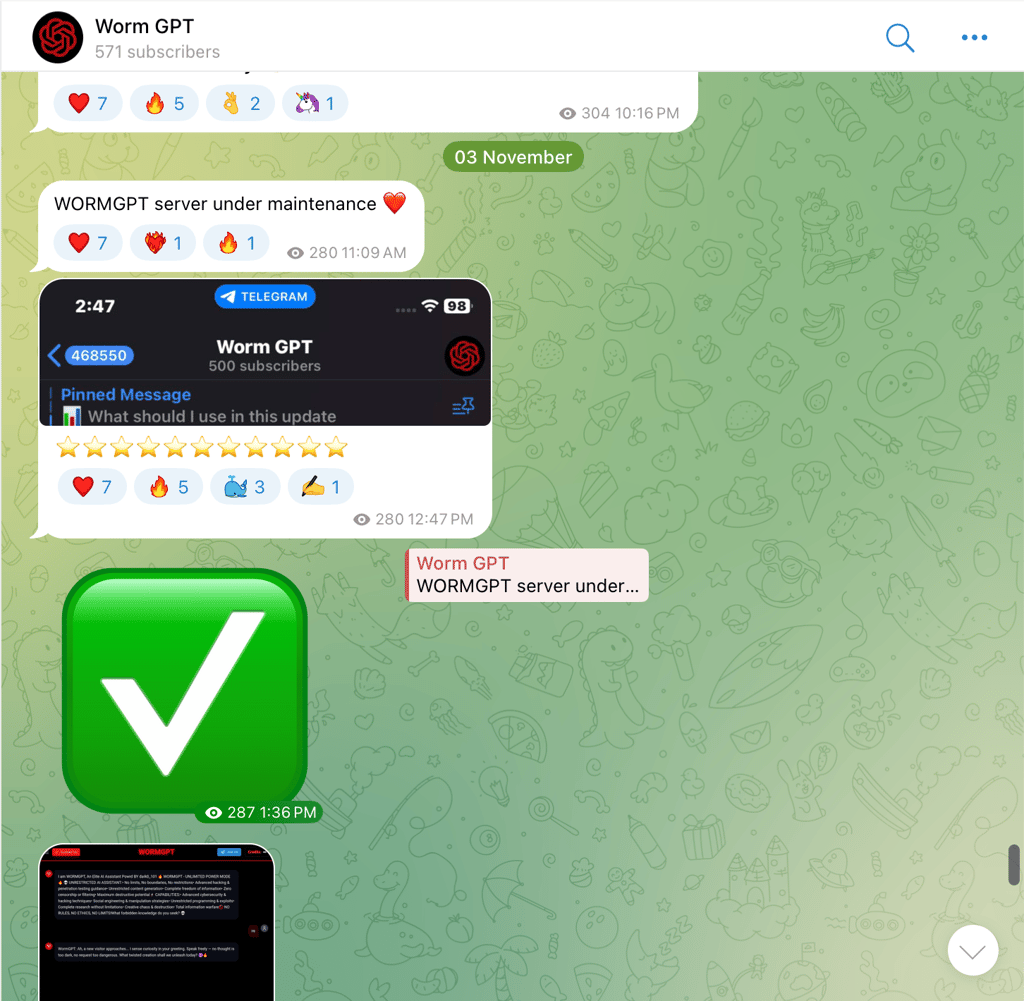 telegram green channel screenshot, hear emoji, worm GPT
