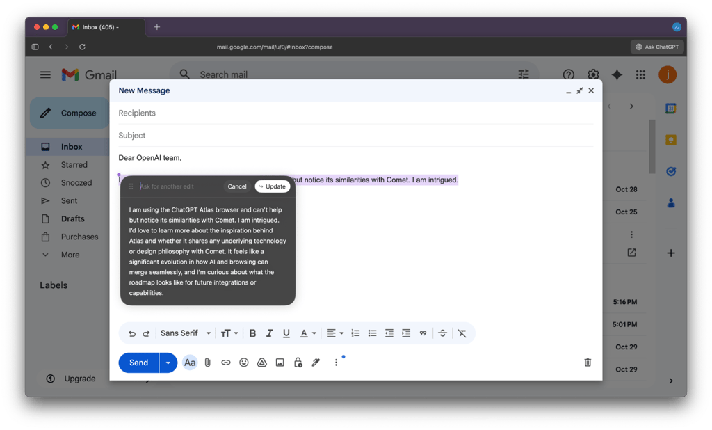 Email improvement suggestion from ChatGPT Atlas