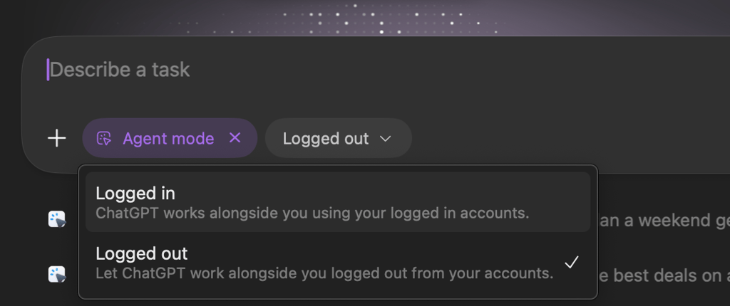 Choosing the logged out feature in Agent mode