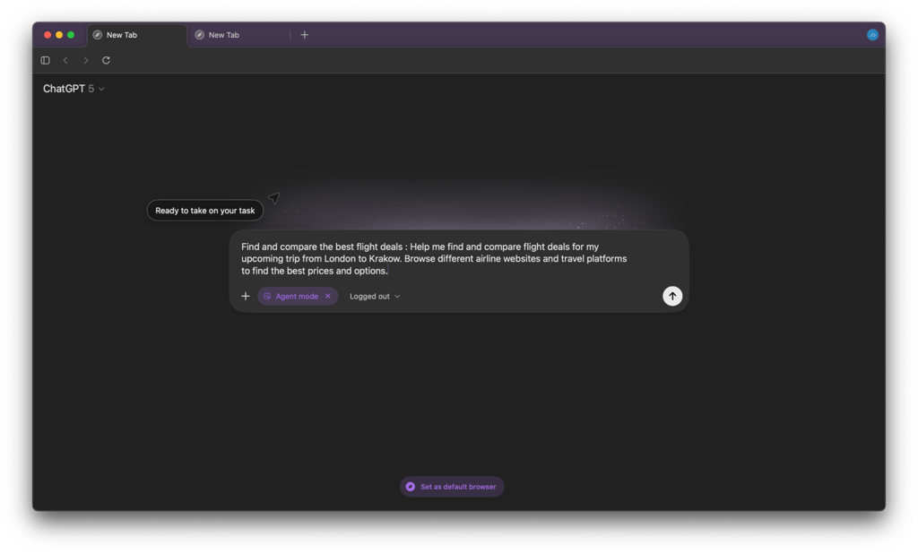 Pre-made flight comparison prompt offered by the browser