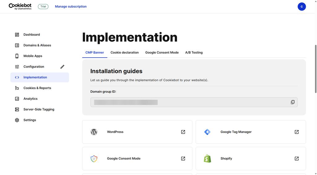 Cookiebot dashboard showing third-party integrations under the Implementation tab