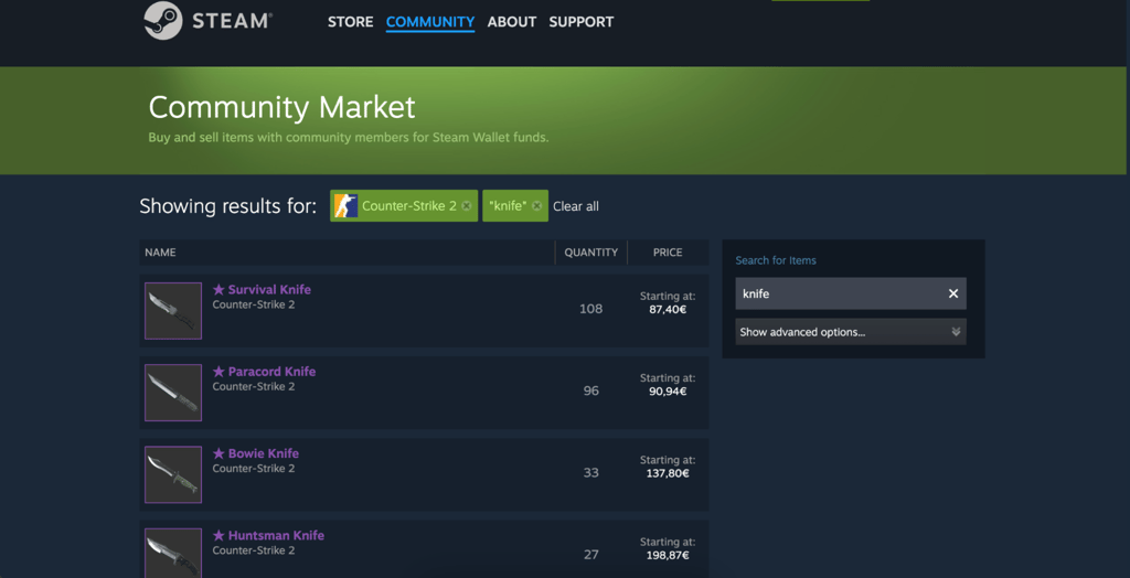 Knife options in the Steam Community Market