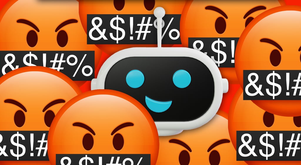 A robot surrounded by angry faces