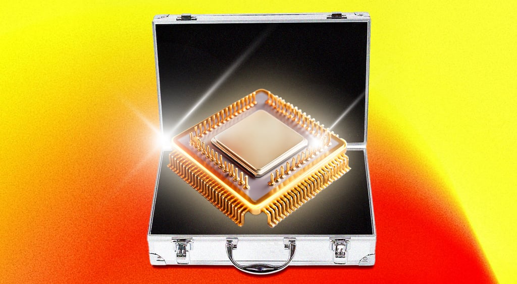 golden memory chip in dark suitcase