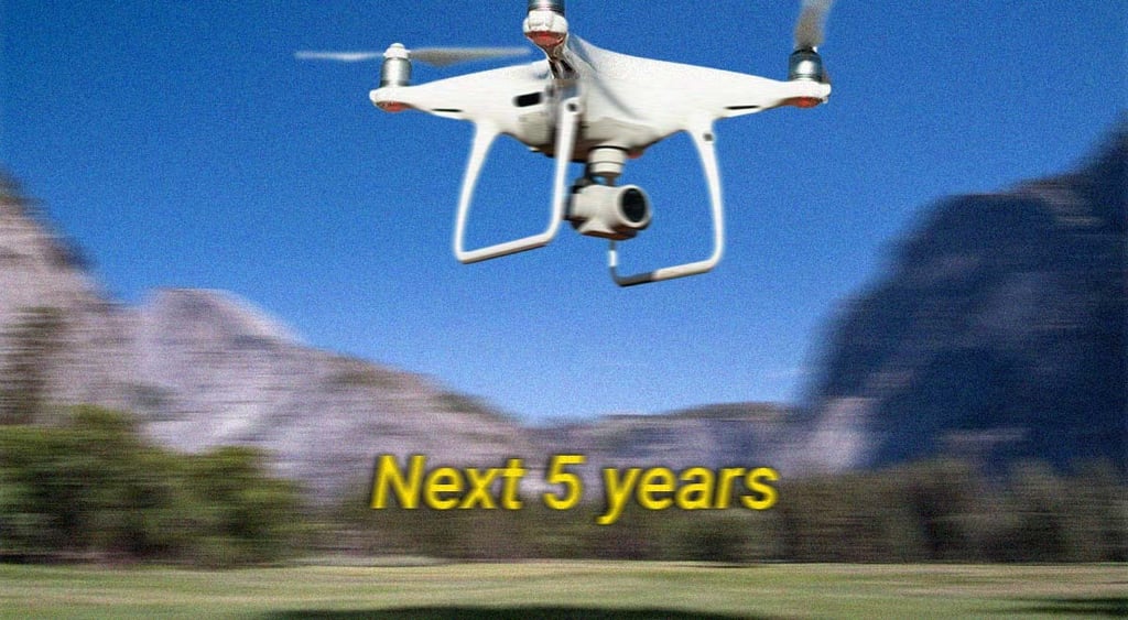 blue sky, mountain range, wite drone, yellow sign Next five yrars