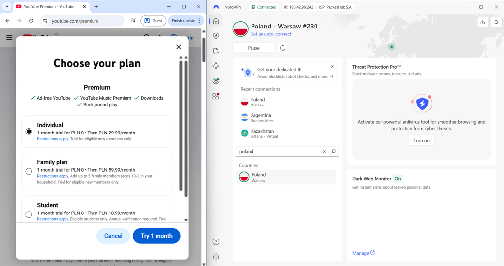 NordVPN in Kazakhstan showing YouTube Premium prices1