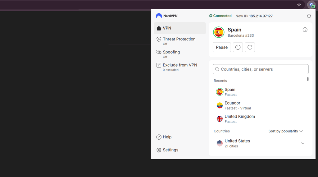 NordVPN connected to Spain BF