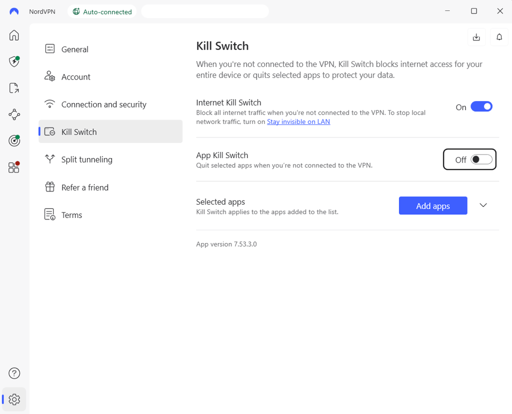 NordVPN kill switch on menu