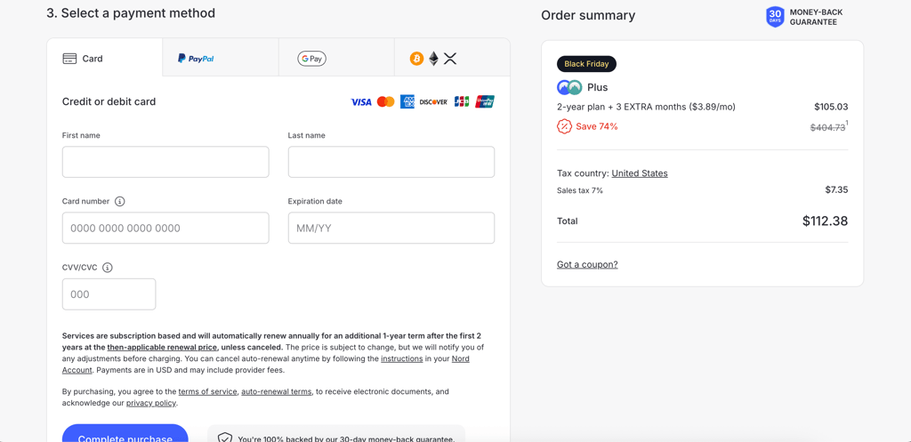 NordVPN payment options menu