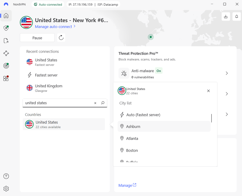 NordVPN US server connection