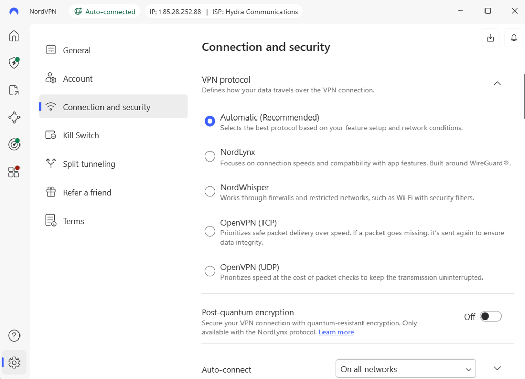 NordVPN VPN protocol menu