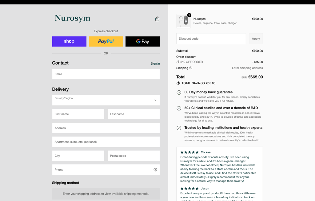 Nurosym payment screen