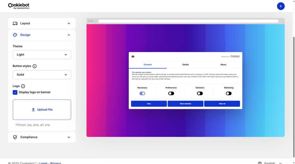 Cookiebot consent banner customization panel showing its Design options