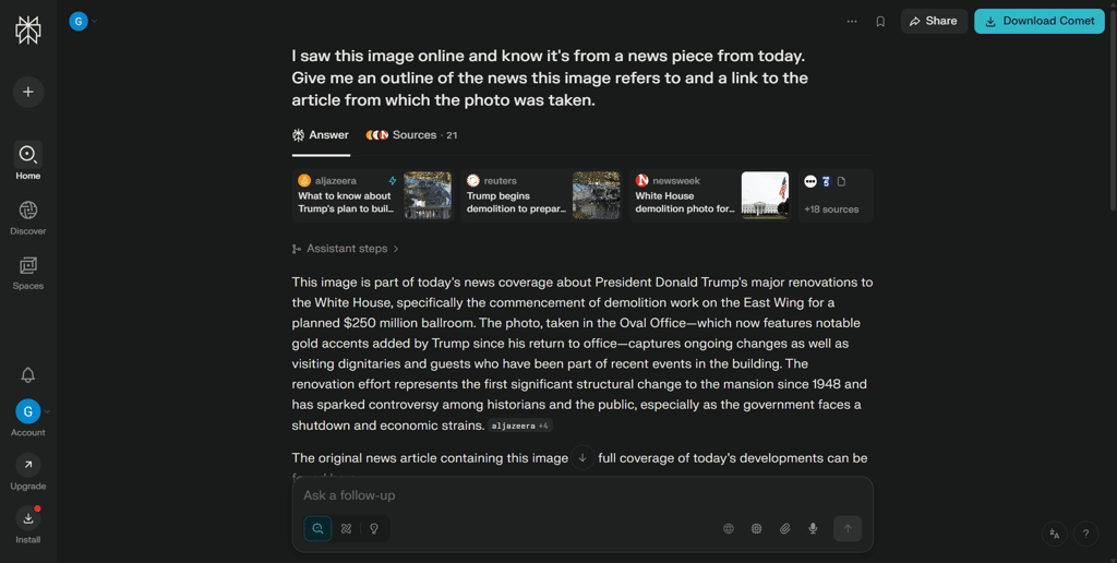 Perplexity ai dashboard in dark mode.