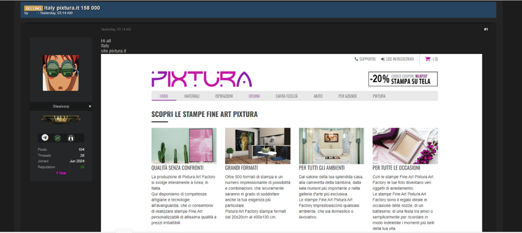 Pixtura post on a data leak forum