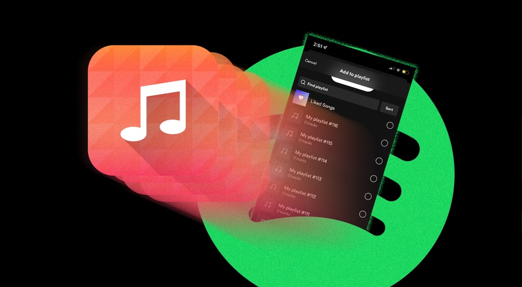 playlist on spotify, dark smartphone screen, white music note in red square